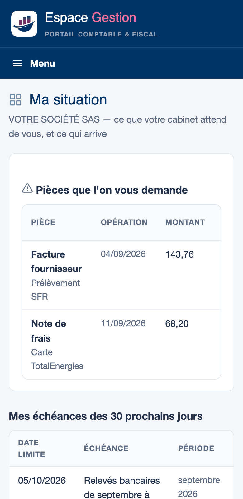 La page « Ma situation » du portail Espace Gestion : pièces demandées et échéances à venir