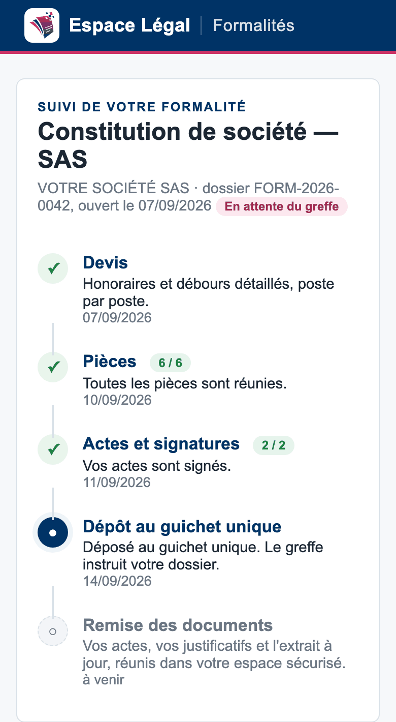 Le suivi d'une formalité dans l'application d'Espace Légal : devis, pièces, actes signés, dépôt au guichet unique