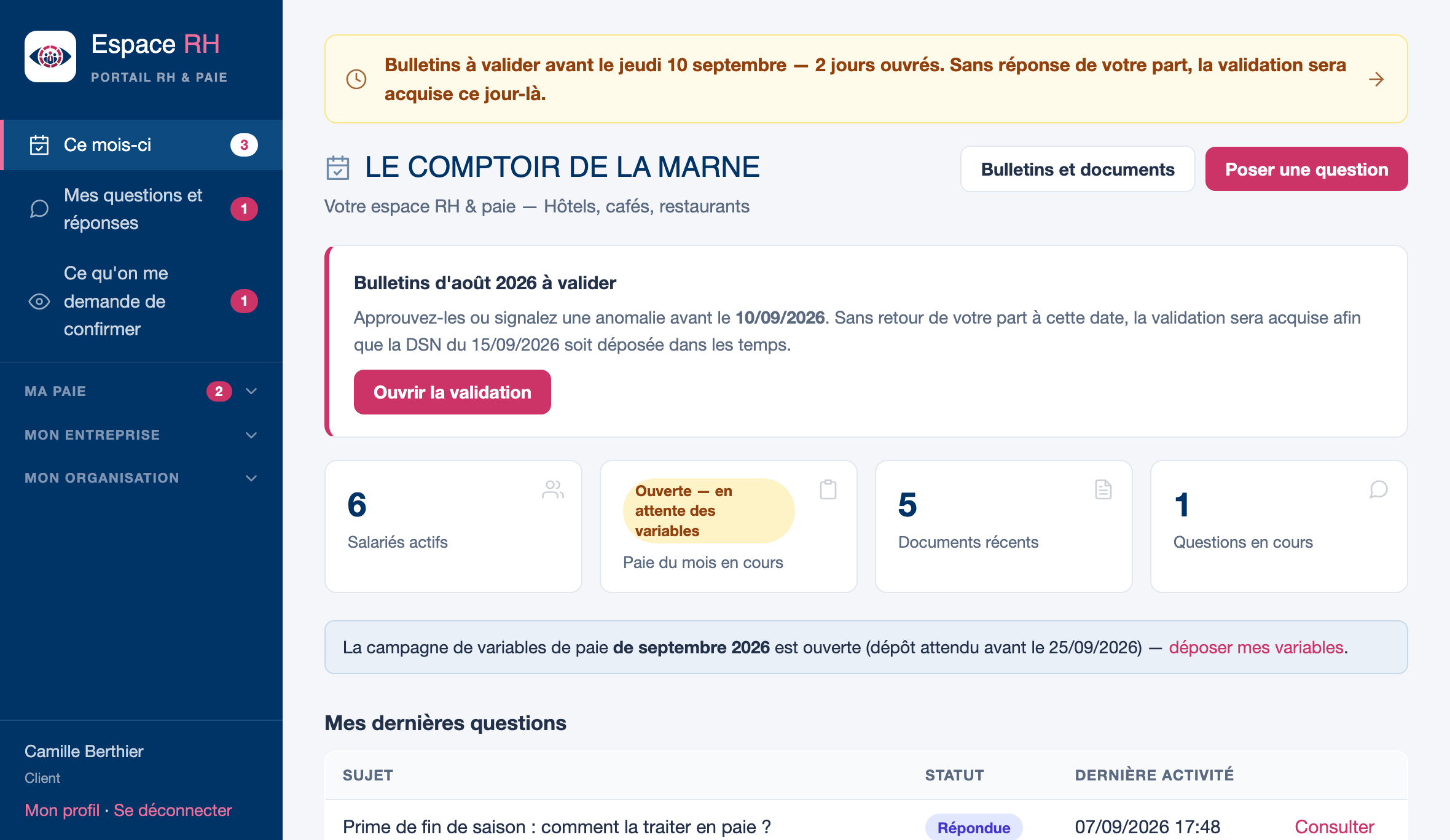 L'espace client du portail, un lundi 7 septembre : bulletins d'août à valider avant le 10, six salariés actifs, campagne de variables de septembre ouverte, un point à confirmer