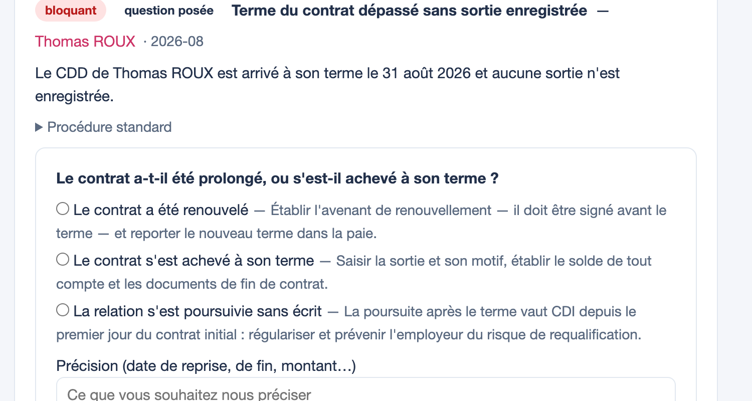 L'écran Ce qu'on me demande de confirmer : un contrat arrivé à terme sans sortie, et trois réponses possibles — renouvelé, achevé, poursuivi sans écrit